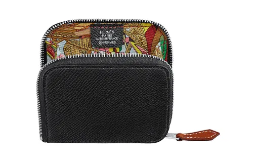 HERMES Silk'In Epsom Leather Silk Lining Wallet Coin Purse Women's Black
