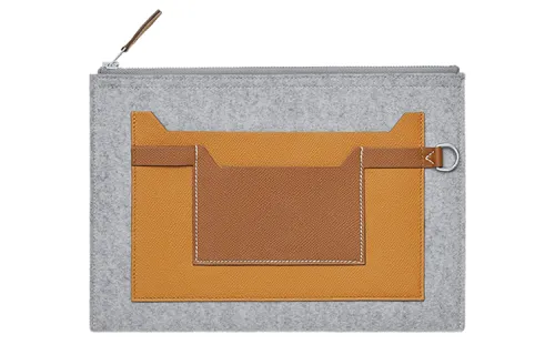HERMES Toodoo Tweed With Epsom Calfskin Clutch Men's Light Gray
