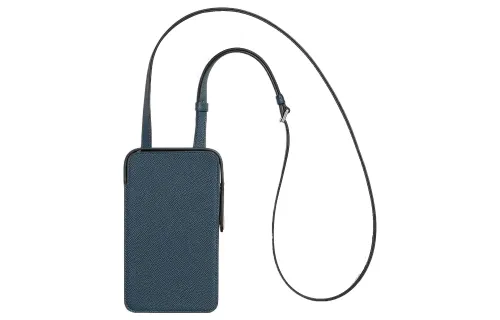 HERMES Hac A Bo Silver Tone Buckle Epsom Calfskin Cell Phone Pouch Women's 7P Bleu De Prusse Prussian Blue
