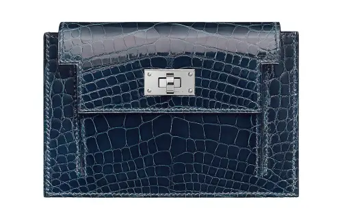 HERMES Kelly Pocket Silver Tone Buckle Crocodile Leather Wallet Women's 8X Bleu Baltique Baltic Blue