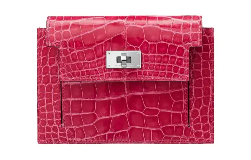 HERMES Kelly Pocket Silver Tone Buckle Crocodile Leather Wallet Women's 0D Rose Mexico Powder