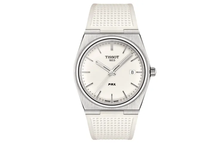 TISSOT PRX Quartz Movement Unisex Watch 40mm White Dial Stainless Steel Case Rubber Strap