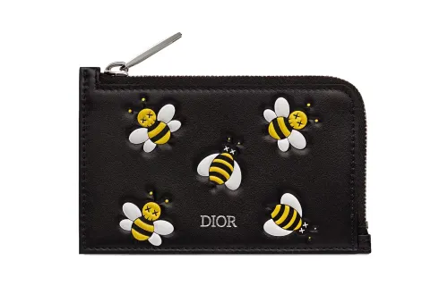 DIOR KAWS Collaboration Calfskin Coin Purse, Card Holder Men's Black