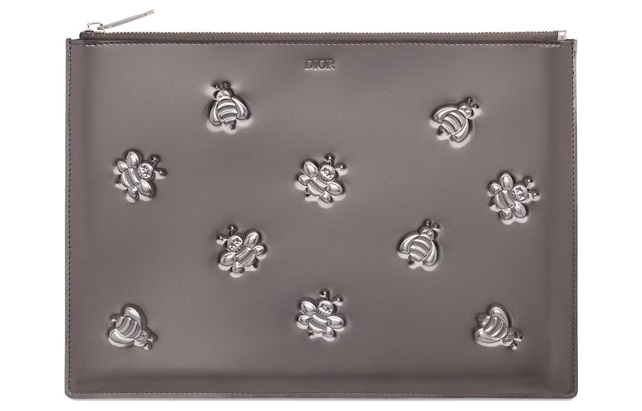 DIOR KAWS Collaboration Calfskin Clutch Men's Silver