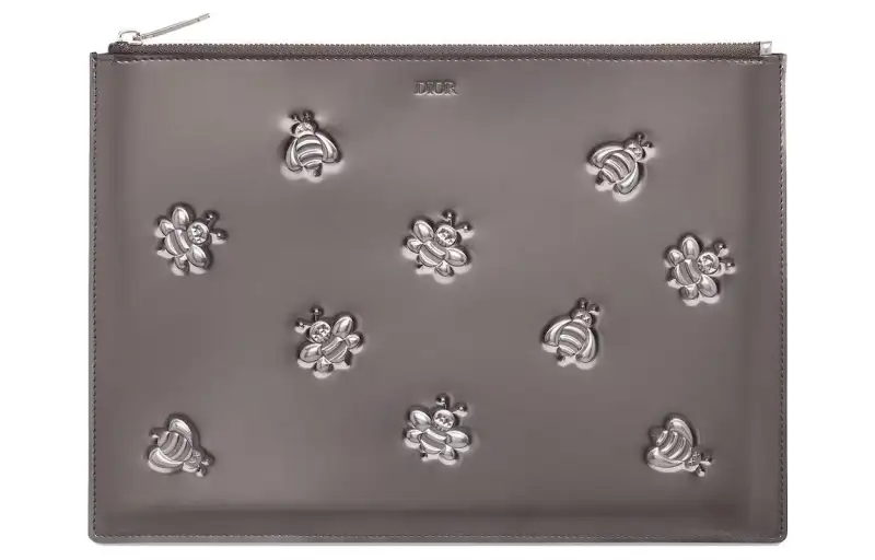 DIOR KAWS Collaboration Calfskin Clutch Men's Silver