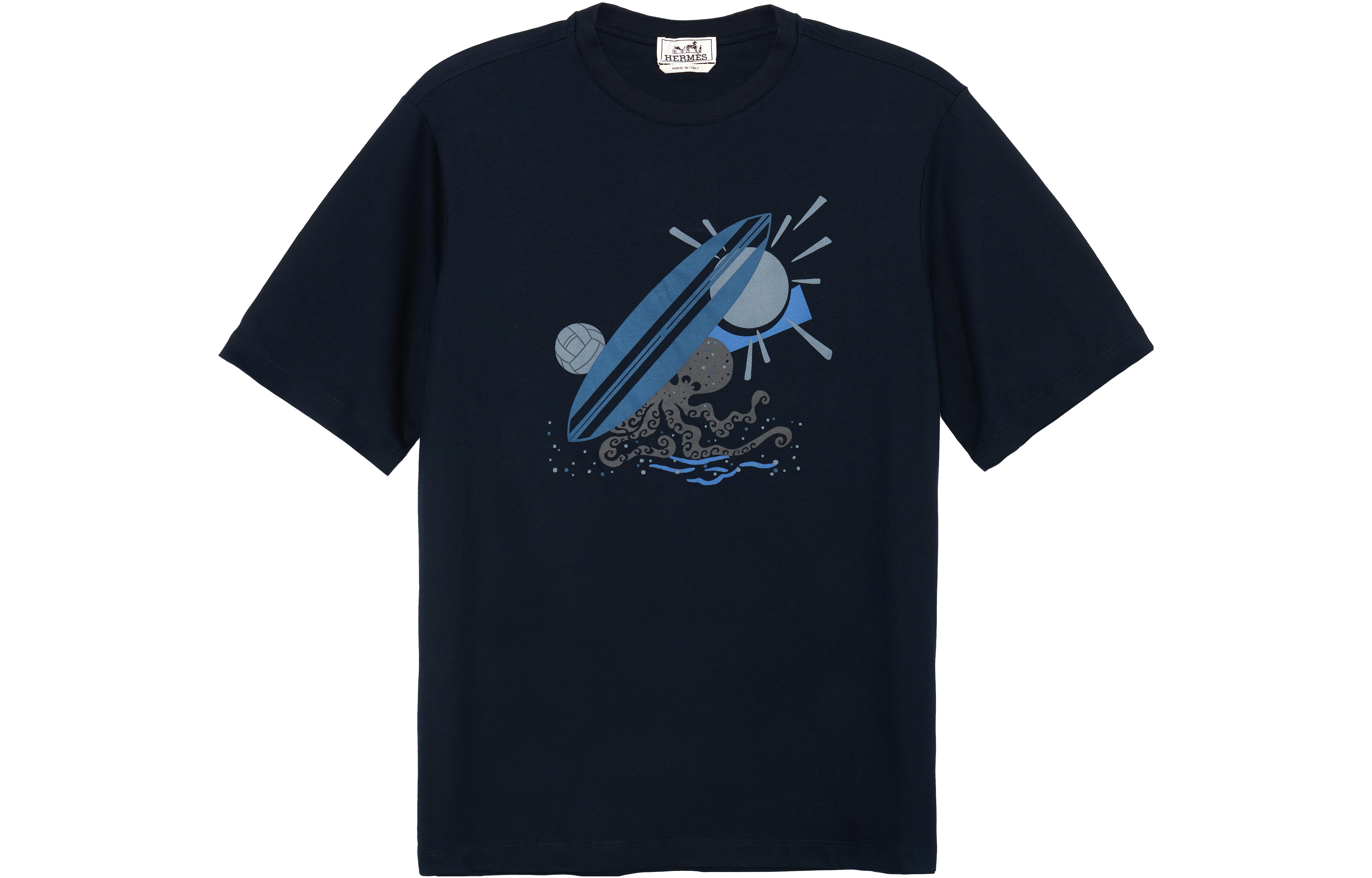 HERMES T Shirts Men's Blue Crew Neck Moderate Straight Fit