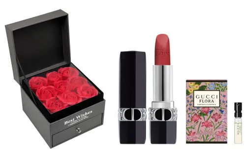DIOR Lipstick, makeup primer, velvet matte set, perfume for professional use, gift box contains rose, sample