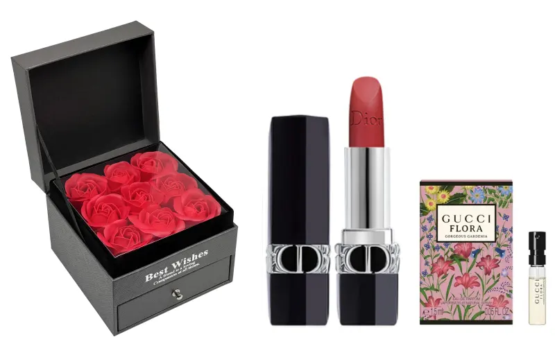 DIOR Lipstick, makeup primer, velvet matte set, perfume for professional use, gift box contains rose, sample