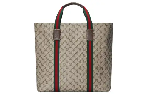 GUCCI Canvas Tote Bag, Shopping Bag, Handbag Medium Men's Beige & Ebony
