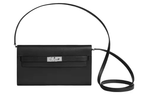 HERMES Kelly To Go Silver Tone Buckle Evergrain Calfskin Crossbody Wallet Regular Women's Black
