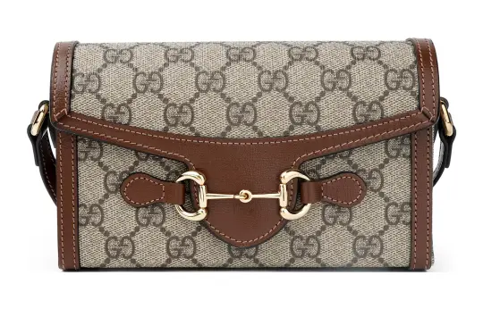 GUCCI Horsebit 1955 Canvas With Leather Shoulder Bag, Crossbody Bag Mini Unisex Brown & Ebony