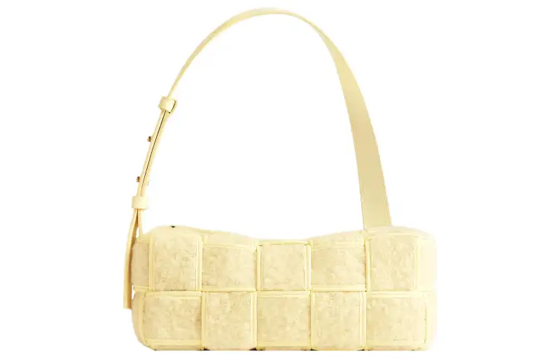Bottega Veneta Brick Casstte Tweed Leather Waffle Bag, Shoulder Bag, Handbag Women's Light Yellow