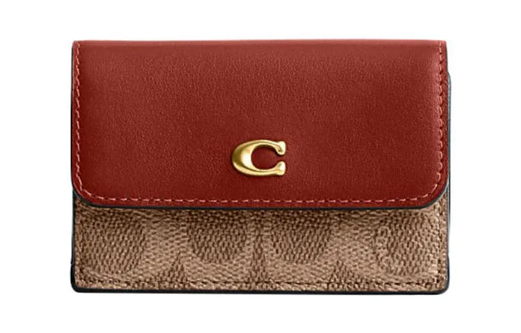 COACH Trifold Wallet Coated Canvas With Calfskin Wallet Regular Women's Brown & Khaki