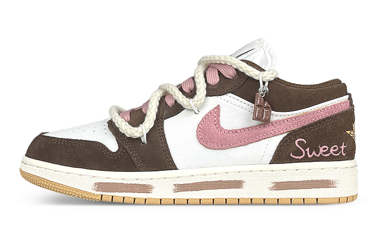【Индивидуальные кроссовки】 Jordan Air Jordan 1 American Style винтаж Maillard Sweetheart Cocoa износостойкий нескользящие Низкая банда винтаж баскетбольная обувь GS белый Коричневый порошок