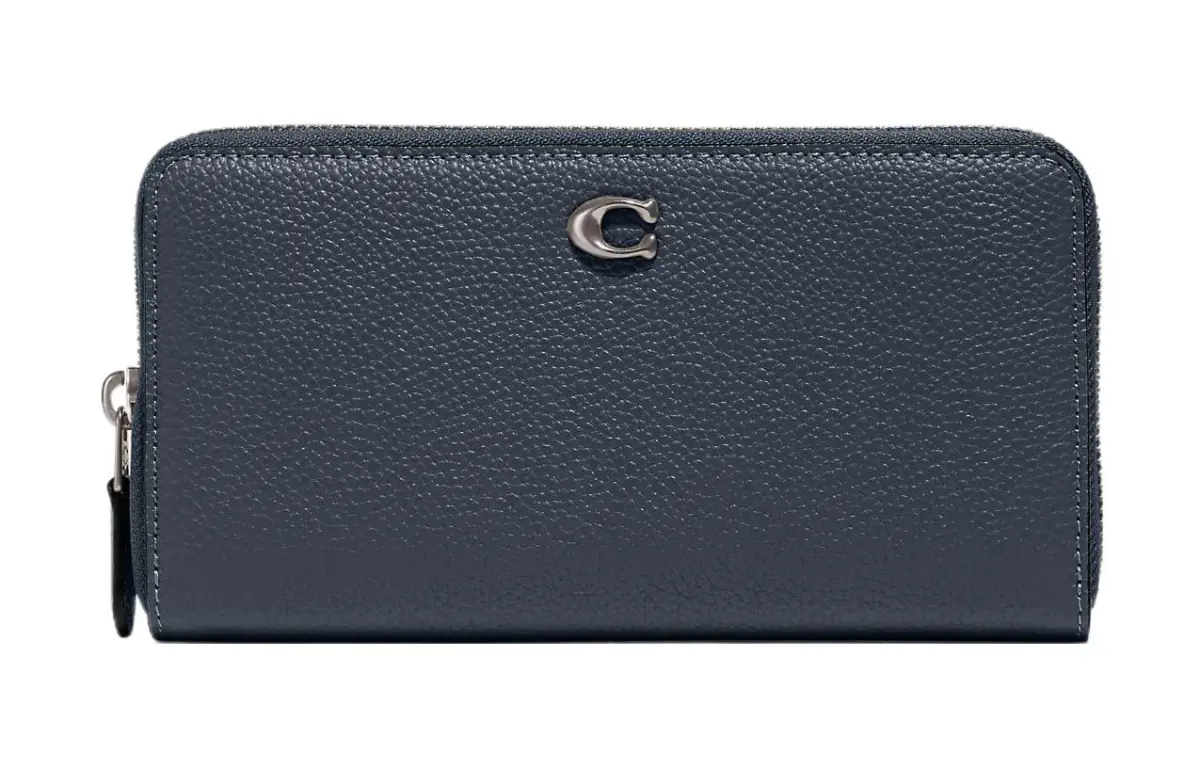 COACH Accordion Zip Pebbled Leather Accordion Bag Clutch Wallet Regular Women's Marine
