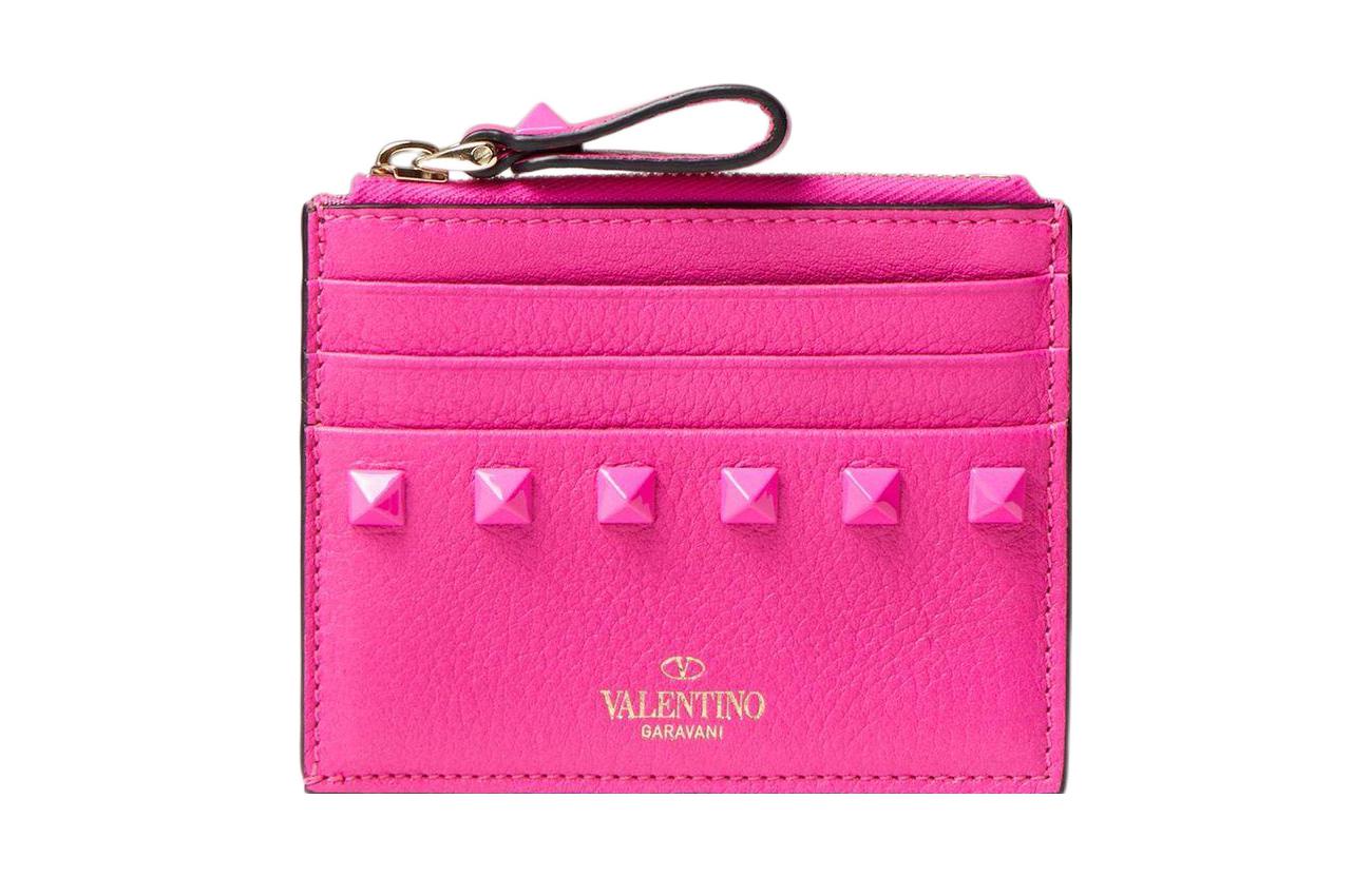 Valentino Valentino ROCKSTUD solid color simple logo logo rivets multiple card slots grained calfskin card holder regular women's pink