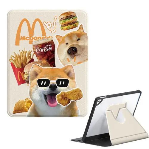 US 10 cents MSMF IPAD protective case iPadPro 2022 model/12.9 inch/11 inch/10.9 inch/10th generation AIR5/4/3/MINI6 rotatable Apple tablet case McDonald's cat and dog cute pet all-inclusive pattern