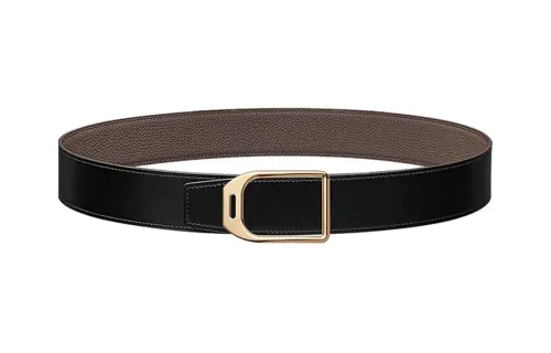 HERMES Metal Calfskin Leather Belts Men's Width 3.8cm