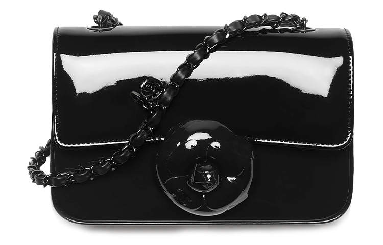 CHANEL Calf Patent Leather Camellia Flap Bag, Crossbody Bag, Shoulder Bag Small Women's Black