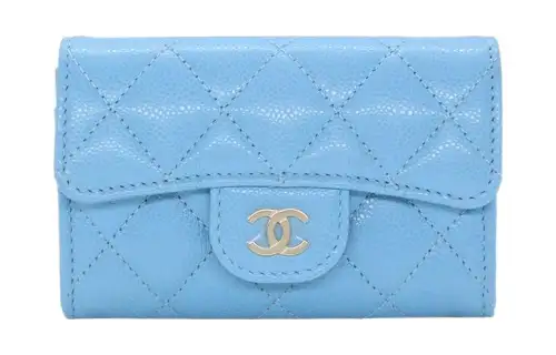 CHANEL Shiny Grain Calfskin & Gold Metal Card Holder Women's Blue