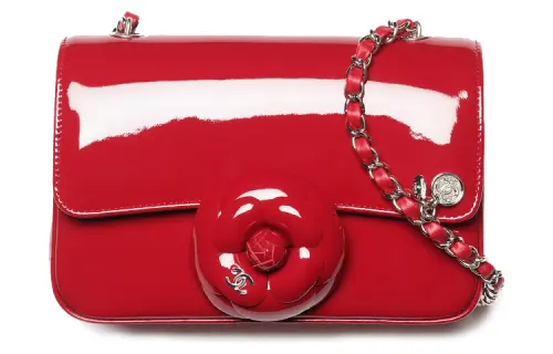 CHANEL Calf Patent Leather Camellia Flap Bag, Crossbody Bag, Shoulder Bag Women's Red