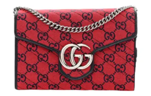 GUCCI Fabric With Leather Trim Chain Bag, Flap Bag, Shoulder Bag, Crossbody Bag Women's Red/Blue