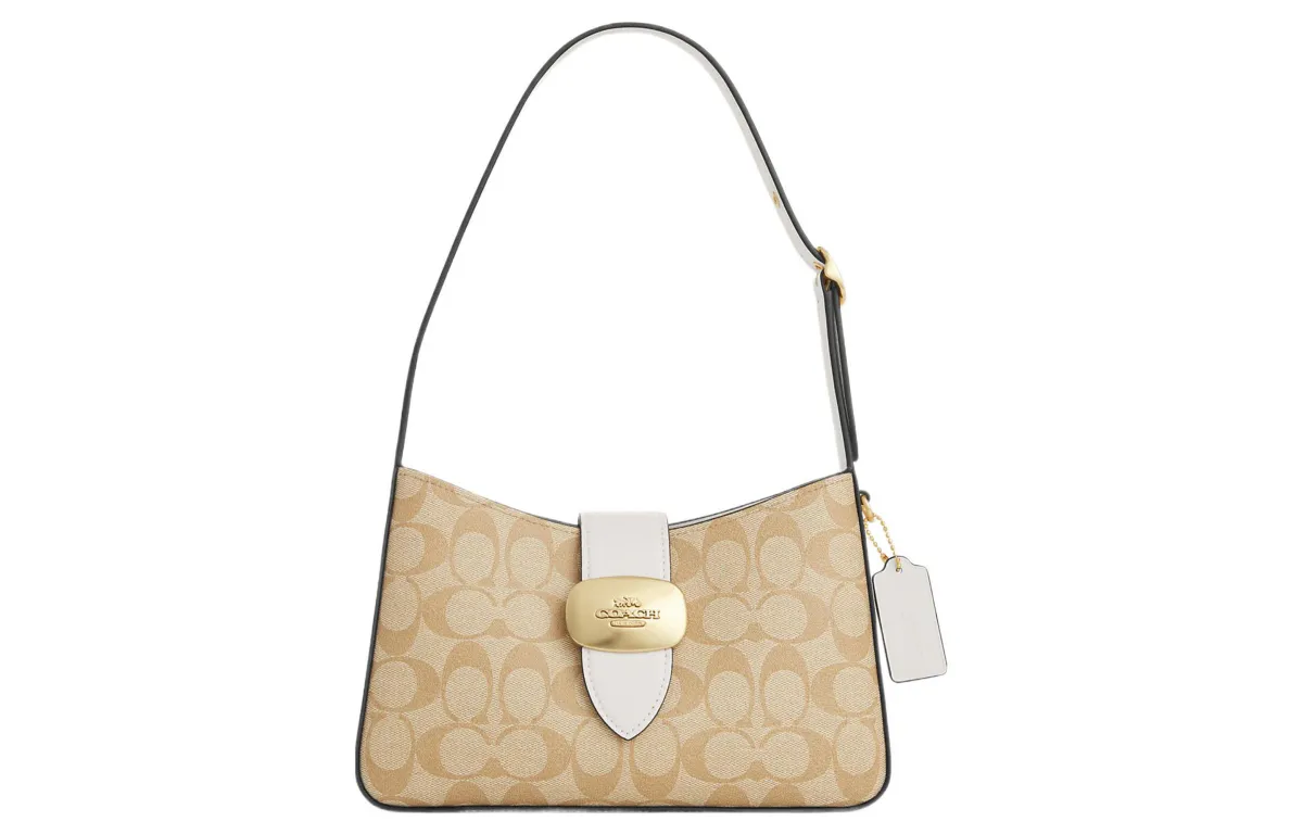 COACH Eliza Signature Coated Canvas With Smooth Leather Portable Shoulder Bags Medium Women's Milk White & Light Brown