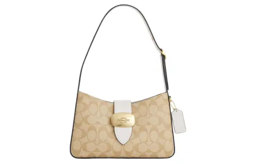 COACH Eliza Signature Coated Canvas With Smooth Leather Handbag, Shoulder Bag Medium Women's Milk White & Light Brown