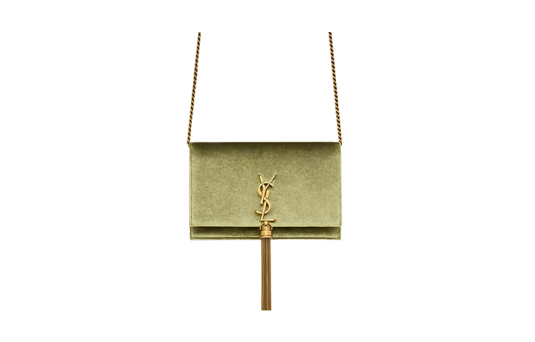 SAINT LAURENT YSL, bronze golden accessories with tassels, swan, shoulder bag, one-shoulder bag on chain, olive wallet, chain bag