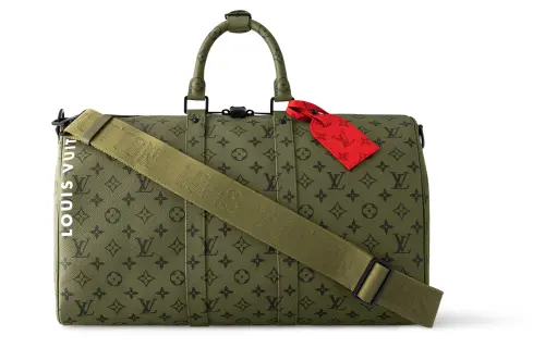 LOUIS VUITTON Keepall Bandouliere 45 Khaki Green/Vermillion Red