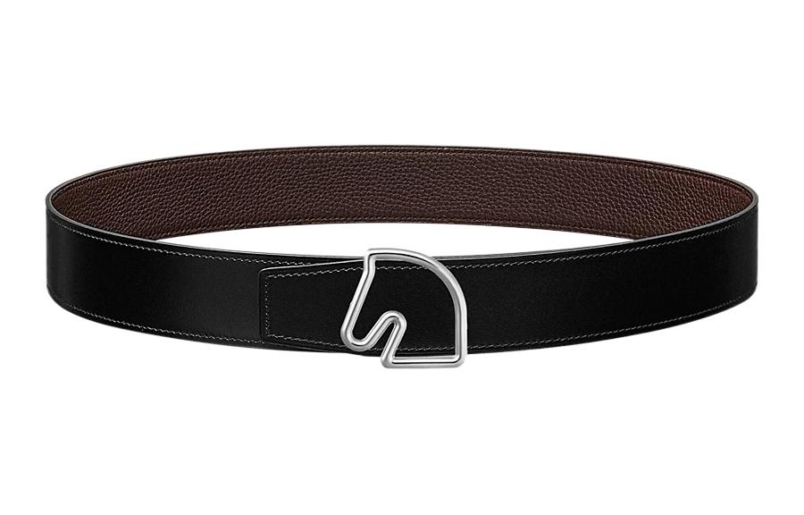 HERMES Tete De Cheval Leather Belts Men's Black/Chocolate 3.8cm