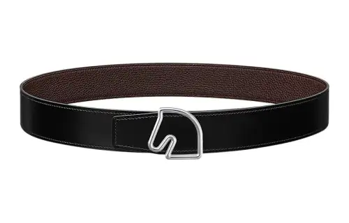 HERMES Tete De Cheval Leather Belts Men's Black/Chocolate 3.8cm