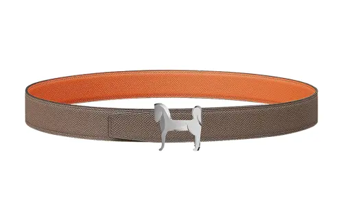 HERMES Double Sided Emblem Pattern Decoration Smooth Buckle Panache Leather Belts Men's Gray Brown Width 3.2cm