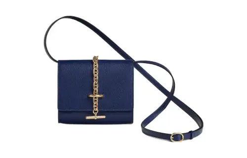 HERMES Chaine D'Ancre To Go Gold tone Lock Chamkila Goat Skin Crossbody Wallet Women's 73 Bleu Saphir Sapphire Blue