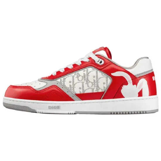 DIOR B27 Low Erl Red And White Smooth Calfskin And White DIOR Oblique Galaxy Leather With Rabbit Motif