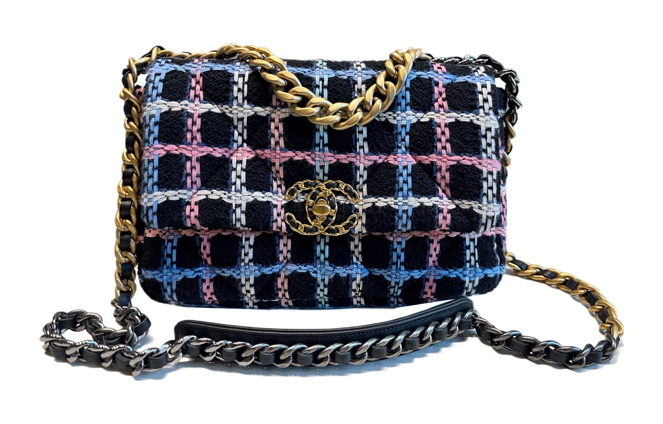 CHANEL 19Bag Cotton Twill Soft Woolen Shoulder Bag, Crossbody Bag Small Women's Multicolor