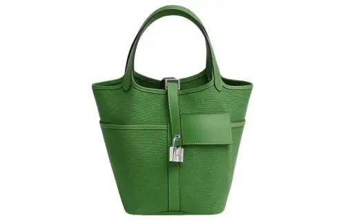 HERMES Picotin Lock Goeland Canvas With Swift Calfskin Basket Bag, Bucket Bag, Handbag 18 Women's A8 Yuka Ribbon Green