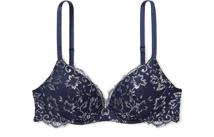 Victoria's Secret /Victoria's Secret Dream Angels Series Eyelash Lace Sexy Deep V Thin Padded Wireless 3/4 Cup Bra Navy Blue