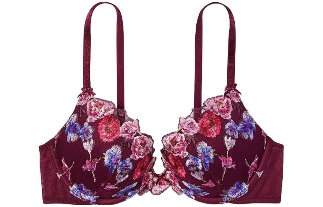 Victoria's Secret /Victoria's Secret Deram Angels Series Floral Embroidered Lace Trim Deep V Push-Up Bra Kir Wine Color