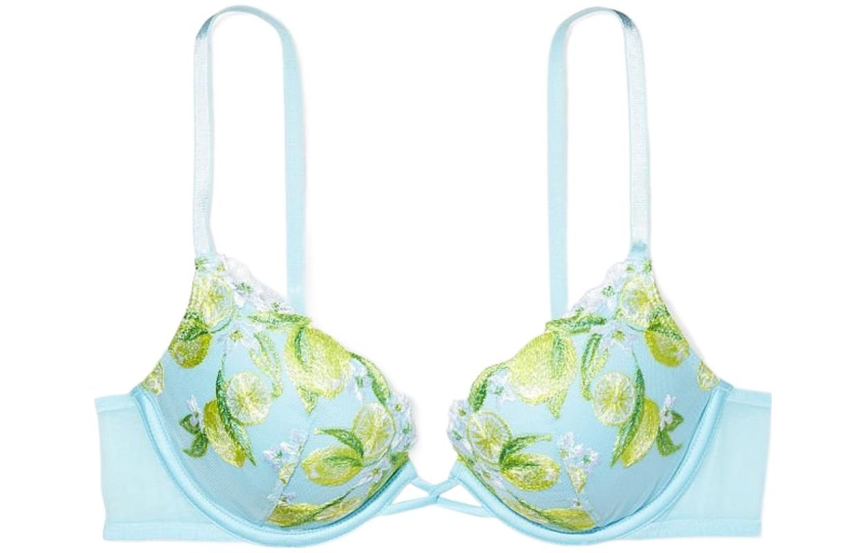 Victoria's Secret /Victoria's Secret Deram Angels Series Embroidered Transparent Mesh Sexy Deep V Cross Strap Push-Up Bra Blue Fruit Print
