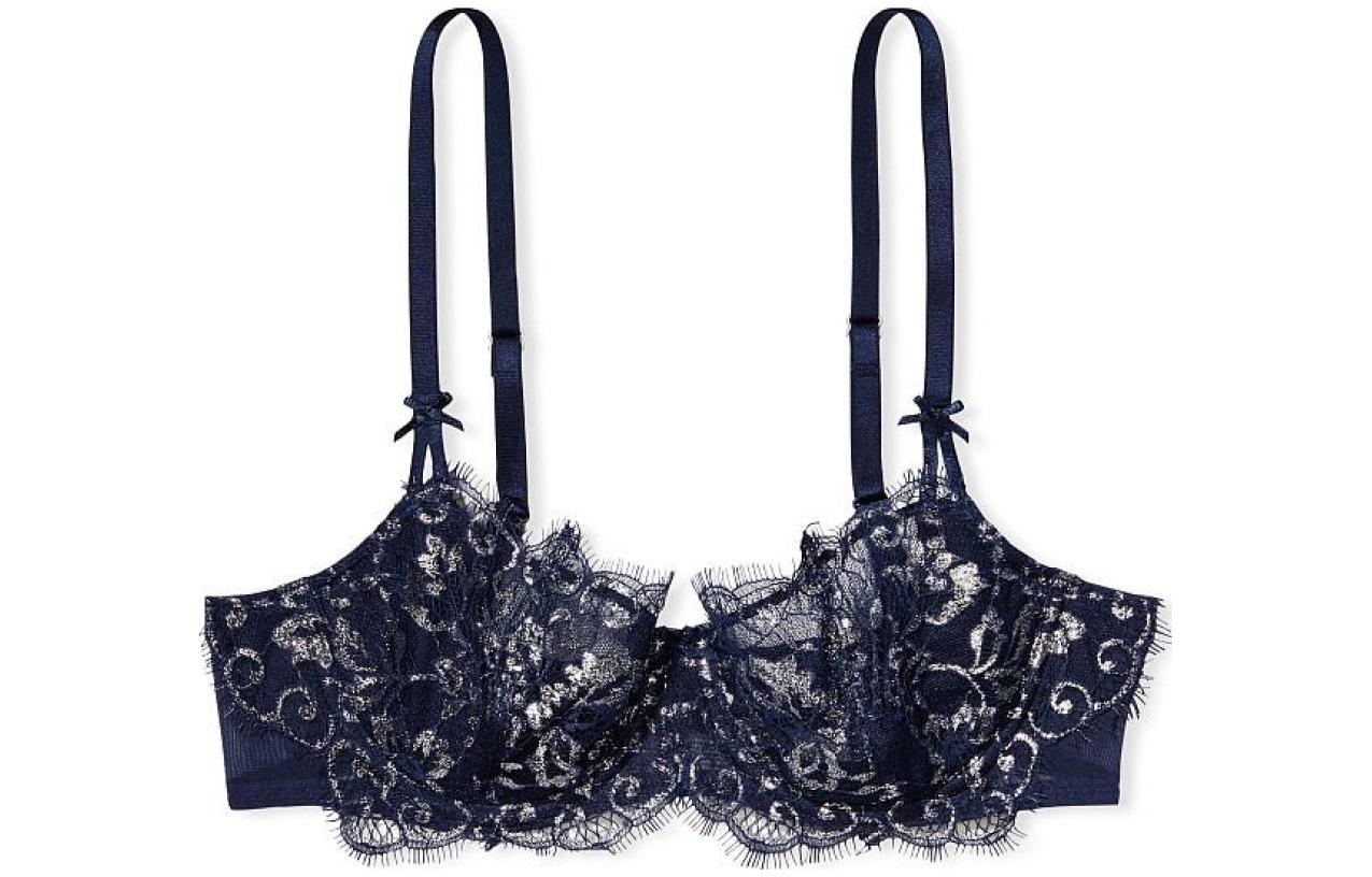 Victoria's Secret /Victoria's Secret Deram Angels Eyelash Lace Unpadded 1/2 Cup Bra Navy Blue