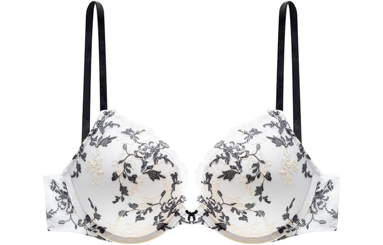 Victoria's Secret /Victoria's Secret Deram Angels Collection Floral Embroidered Lace Trim Deep V Push-Up Bra White Black Floral Print