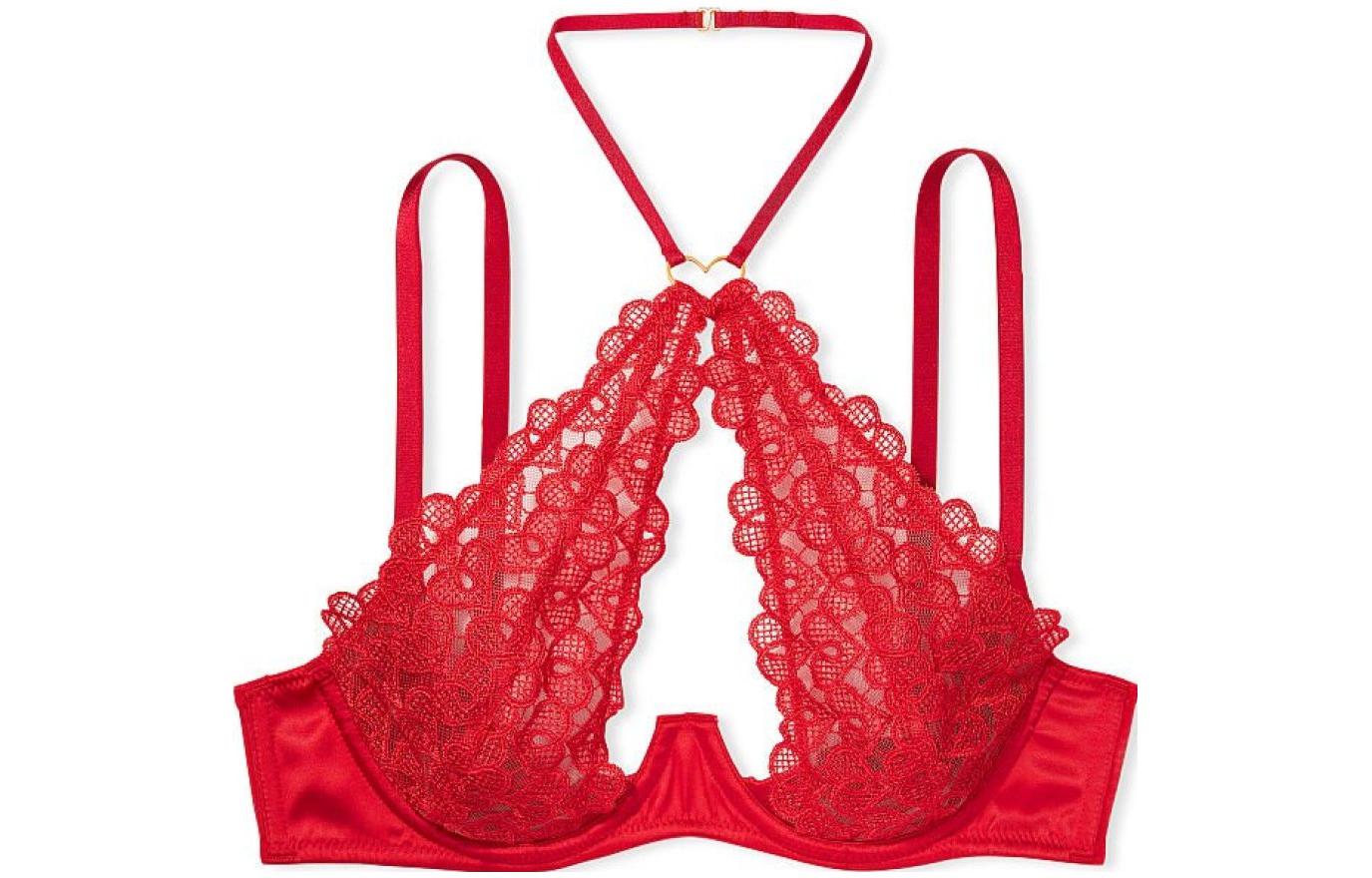 Victoria's Secret /Victoria's Secret Deram Angels Series Floral Lace Hollow Halter Unpadded Bra Lip Red