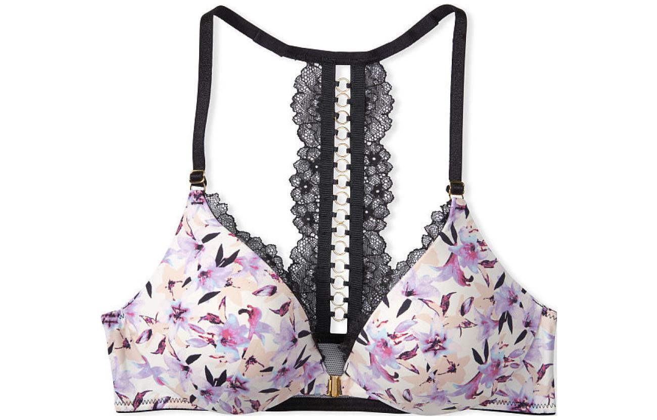 Victoria's Secret /Victoria's Secret Very Sexy Series Lace Trimmed Sexy Deep V Front Button Boxer Back 3/4 Cup Push-Up Bra Women's Coconut White Floral Print