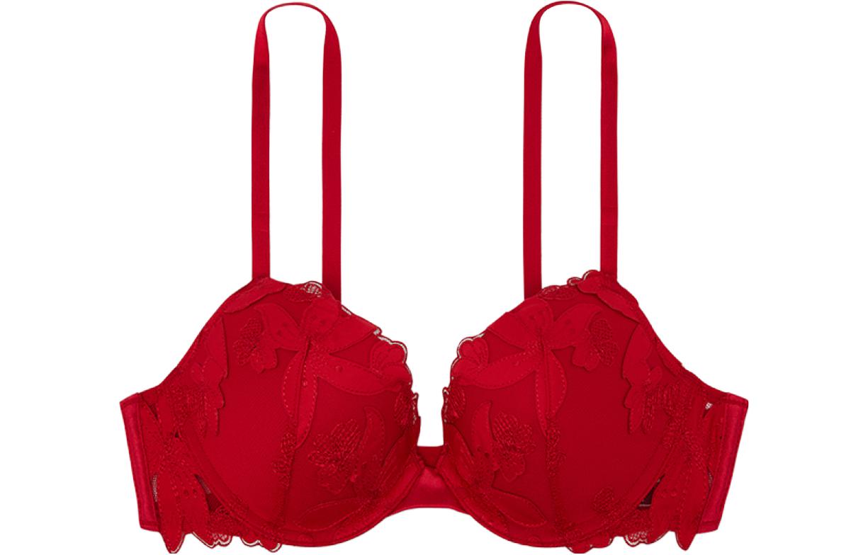 Victoria's Secret /Victoria's Secret Very Sexy Series Embroidered Flower Cover 3/4 Cup Sexy Deep V Push-Up Bra Lip Red