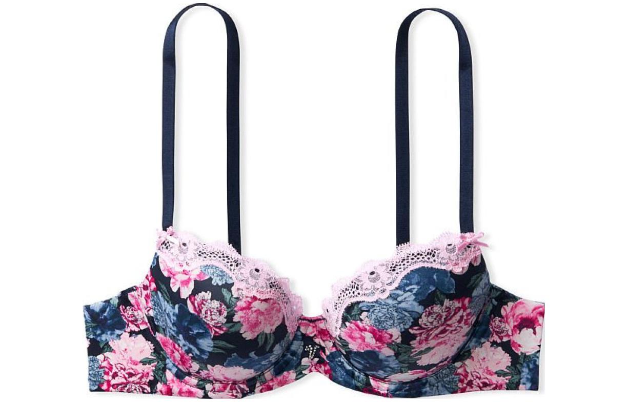 Victoria's Secret /Victoria's Secret Dream Angels Series Satin Lace Thin 3/4 Cup Bra Dark Blue Floral Print