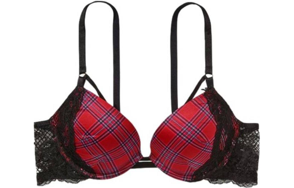 Victoria's Secret /Victoria's Secret Very Sexy Series Floral Lace Splicing Full Cup Push-Up Padded Bra Lip Red Plaid