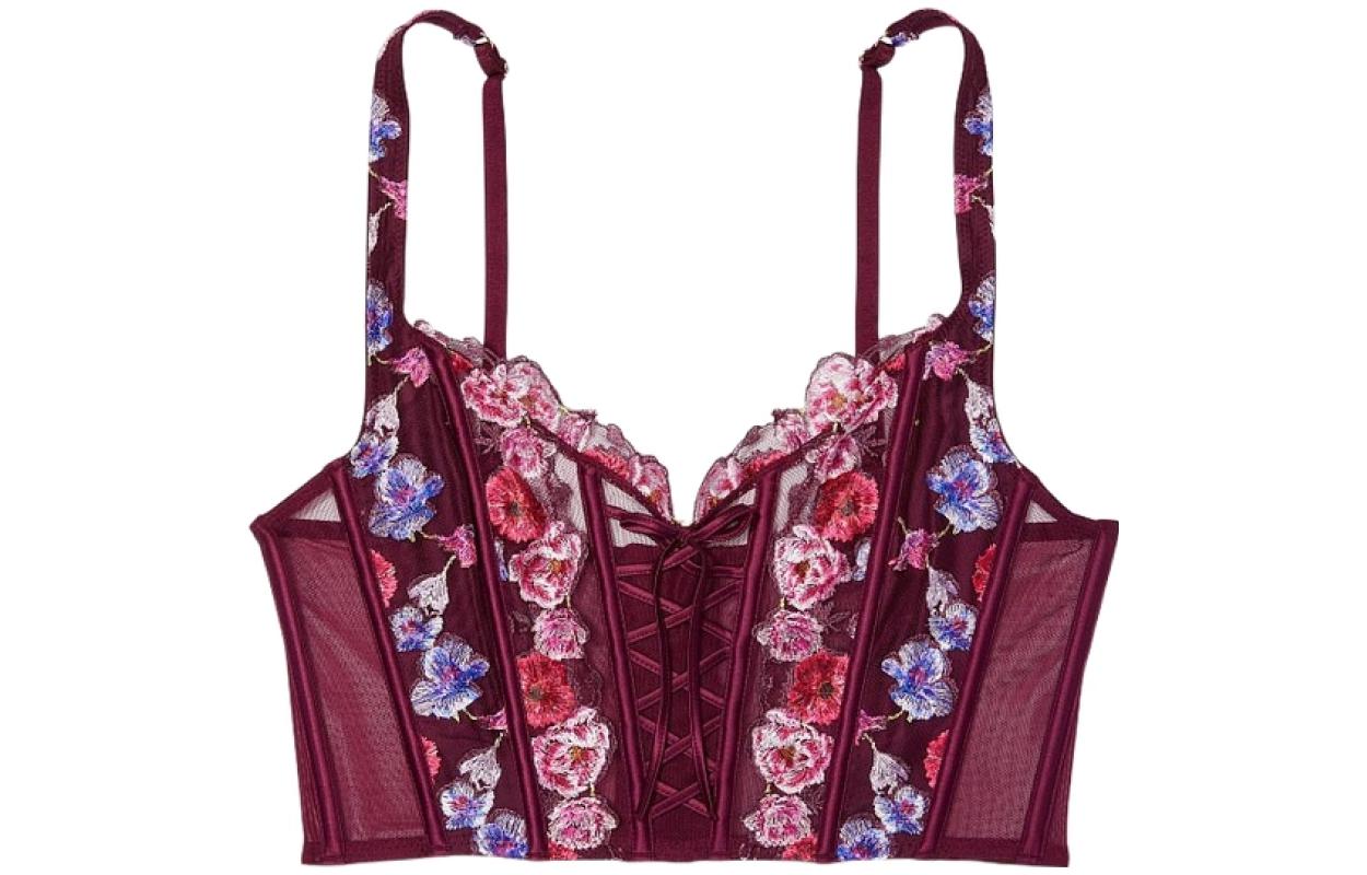 Victoria's Secret /Victoria's Secret Deram Angels Series Floral Embroidery Hollow Unpadded Unwired Strappy Shaping Bra Kiel Wine Color