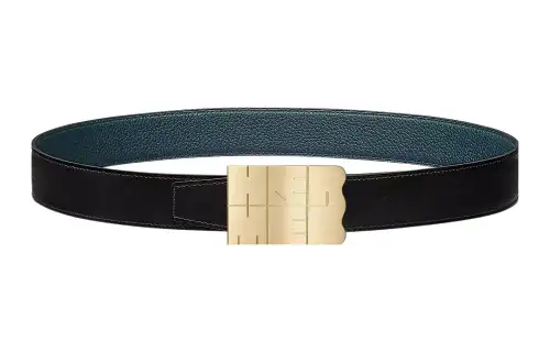 HERMES Togo Calfskin Leather Belts Men's Black/Prussian Blue Width 3.2cm