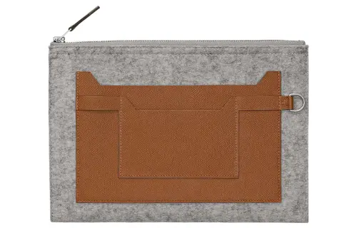 HERMES Toodoo Wool Felt, Epsom Calfskin Clutch Men's Gray & Brown
